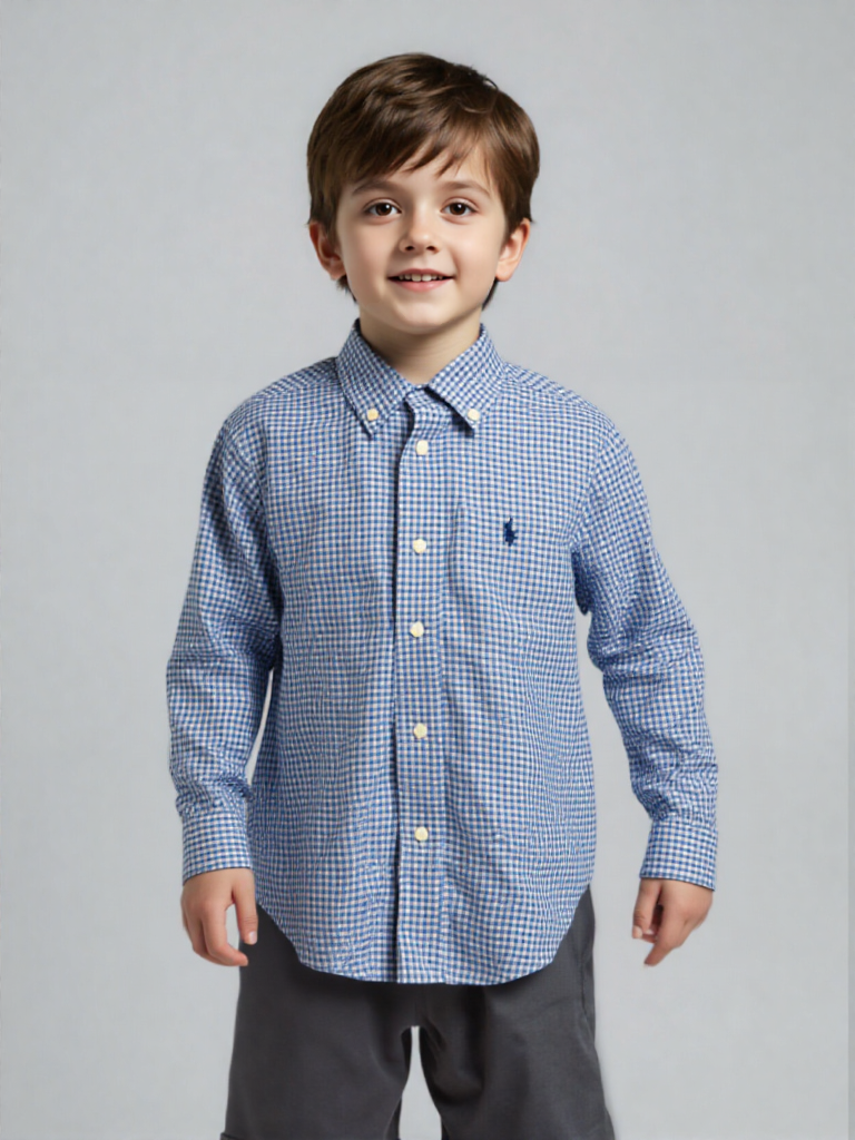 RALPH LAUREN - Chemise Enfant Gingham Bleue et Blanche à Manches Longues