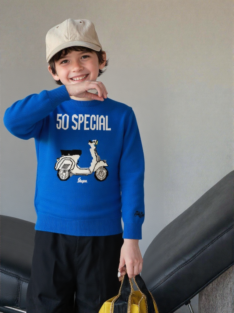 Saint Barth - Pull Maille Bleu Thème Scooter Vespa 50 Special