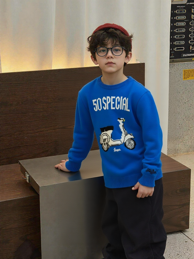 Saint Barth - Pull Maille Bleu Thème Scooter Vespa 50 Special