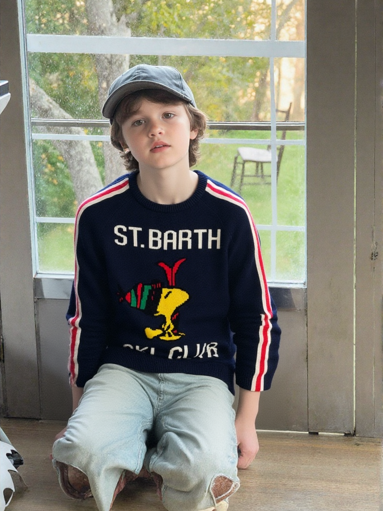 Saint Barth MC2 - Pull Marine Col Rond Thème Ski Club à Bandes
