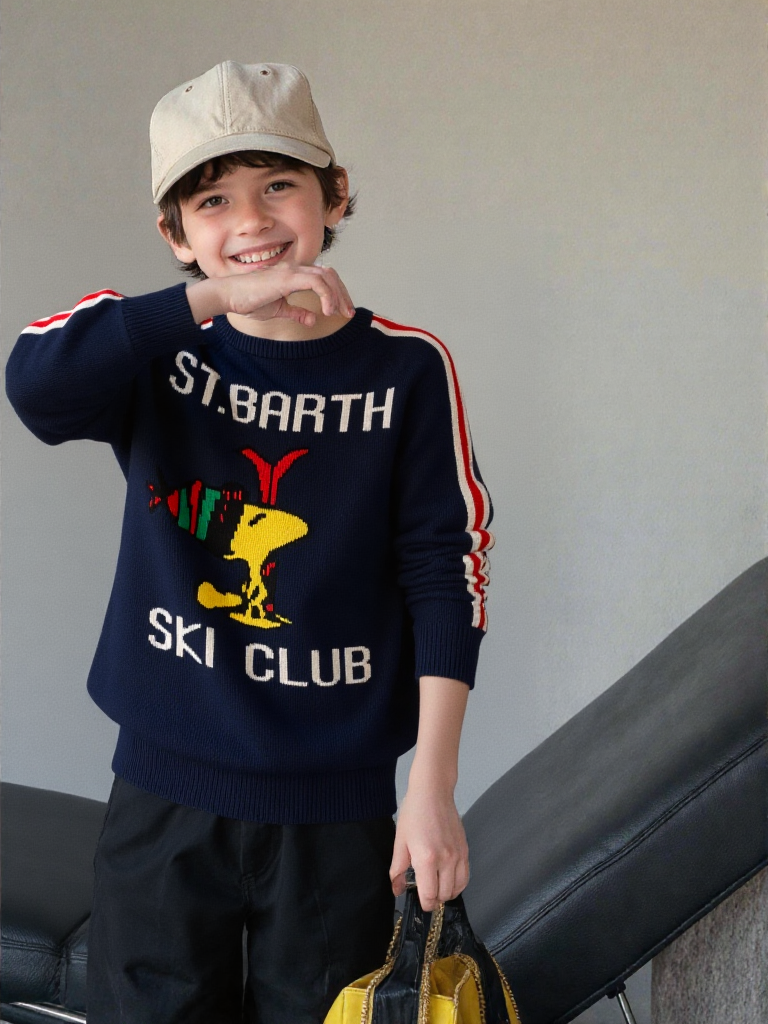 Saint Barth MC2 - Pull Marine Col Rond Thème Ski Club à Bandes