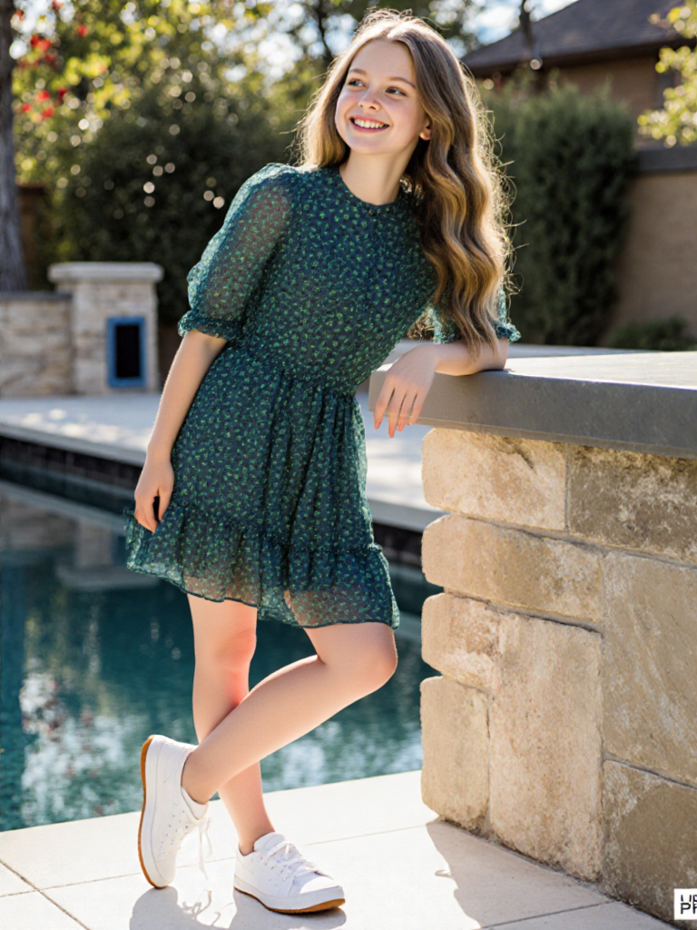 Scotch & Soda - Robe Courte Motif Floral / Feuille Vert Vif Taille Smockée