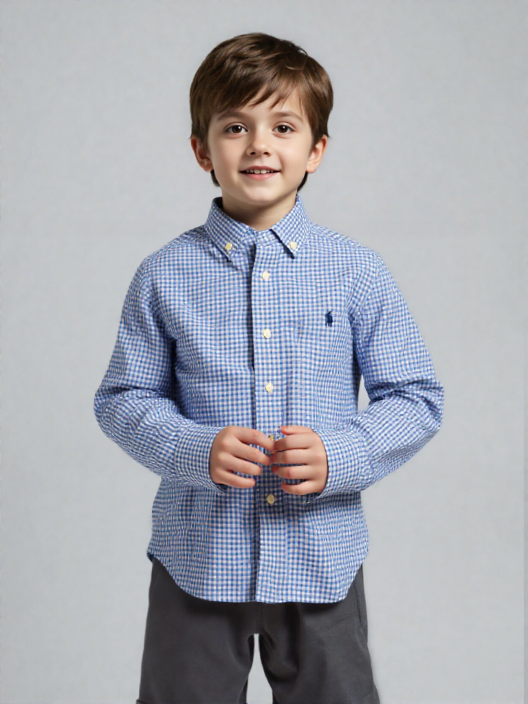 RALPH LAUREN - Chemise Enfant Gingham Bleue et Blanche à Manches Longues