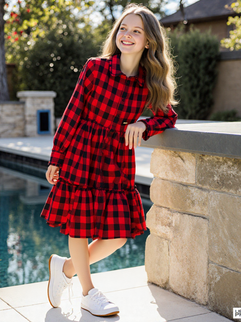 DSQUARED2 - Robe Chemisier Carreaux Rouges Volants Col Froncé